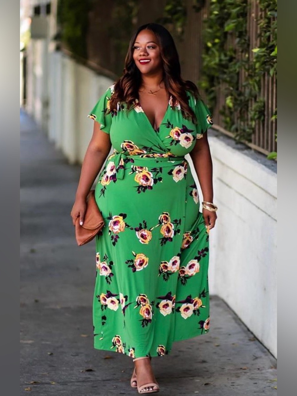 LANE BRYANT MAXI WRAP DRESS, KELLY GREEN WITH FLORALS, PLUS SIZE 18/20